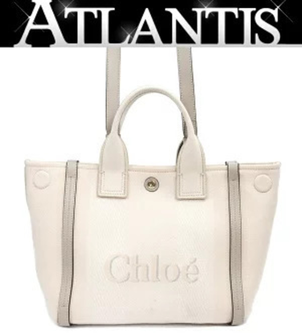 Chloe Tote Bag Canvas Beige Cream embossed logo leather
